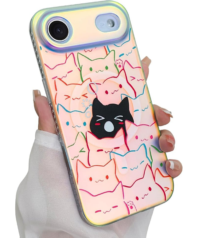 Cute Case for iPhone Air Case for Women Girls Boys [ Compatible with Magsafe ] Iridescent and Black Cats Cat Pattern Design, Kawaii Colorful Animal Soft Bumper Protective Phone Cover