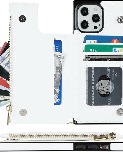 Bocasal Crossbody Wallet Case for iPhone 12 Pro Max with Card Holder,Zipper Card Slot Protector Shockproof Purse Cover with Removable Cross Body Strap 6.7 Inch (White)