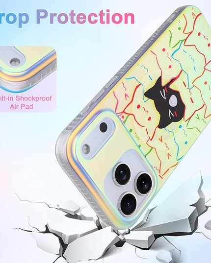Cute Case for iPhone 17 Pro Case for Women Girls Boys [ Compatible with Magsafe ] Iridescent and Black Cats Cat Pattern Design, Kawaii Colorful Animal Soft Bumper Protective Phone Cover