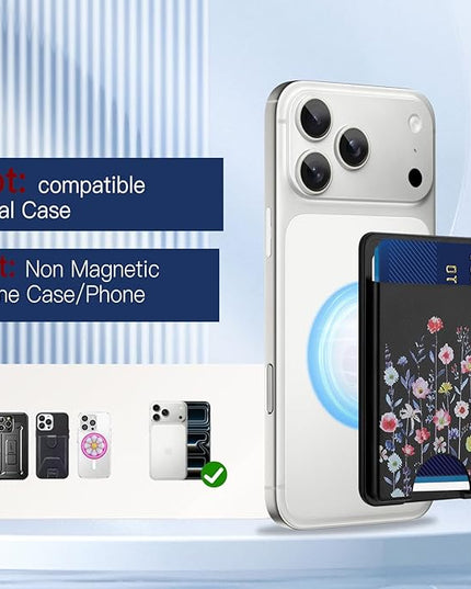 Stronger Magnetic Card Slot Wallet for iPhone 17/16/15/14/13/12 Series (Not for 13/12 Mini), Flower Pattern Hard Card Holder Fit 3 Cards Compatible with Magsafe Accessories, Black