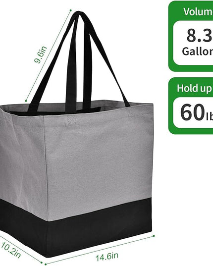 3 Pack Canvas Reusable Grocery Bags Heavy Duty, 8.3 gal Foldable Large Tote Bag with Handles, Holds 60 lbs Canvas Shopping Bags & Washable Eco-friendly Bags with 5 Pockets, Grey+Black