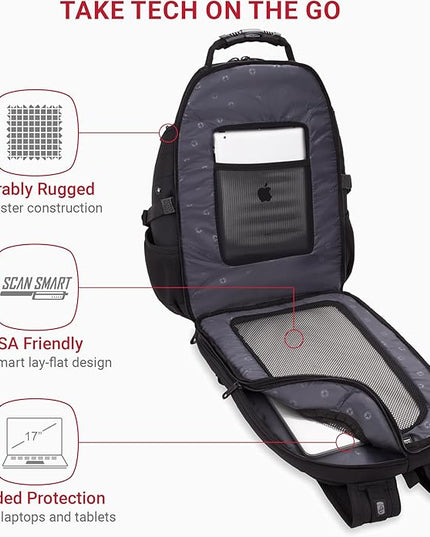 SwissGear 1900 ScanSmart 17” Laptop Backpack Black/Black – Reflective Tech Backpack with ScanSmart Compartment – Multiple Organizer Pockets & RFID Scan Blocking Technology