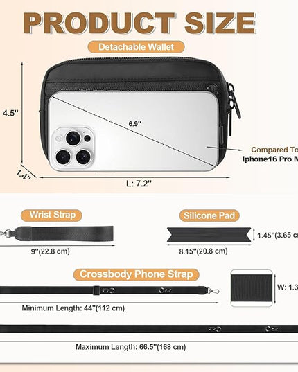 Clip and Go Strap for Phone with Wallet Crossbody, Adjustable Phone Lanyard with Detachable RFID Wristlet Wallet, Black (L)