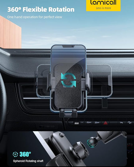 Lamicall 2026 Wider Clamp & Metal Hook Car Phone Holder Vent [Thick Cases Friendly] Phone Holders for Your Car Mount Automobile Hands Free Cradle Air Vent for iPhone 17 16 15 Pro Max Wood Grain