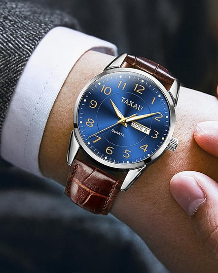 Mens Leather Watch Large Face Classic Quartz Mens Analog Watches Luxury Dress Watches for Men Waterproof Men's Wrist Watch Easy Read with Date Number Dial Relojes para Hombre