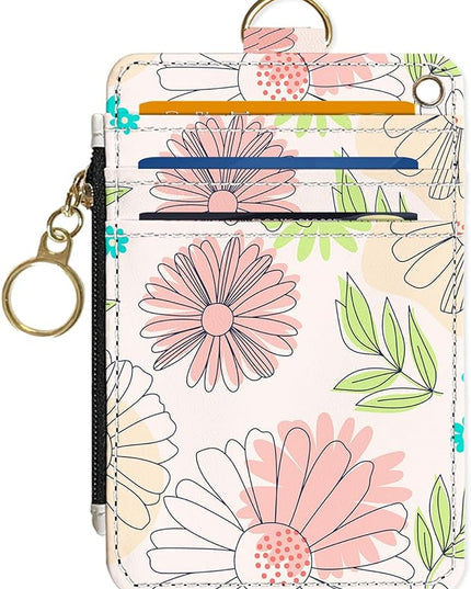 Slim Wallet Credit Card Holder, Line Flower, RFID Wallet Women Cute Small Front Pocket Wallet With Zipper, PU Leather Thin travel RFID Blocking Card Case ID Window,Ladies Gifts