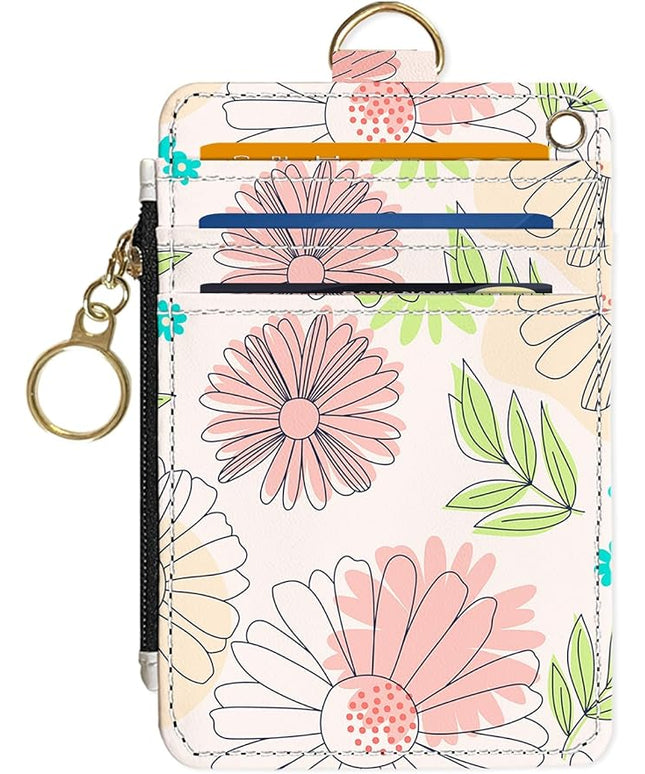 Slim Wallet Credit Card Holder, Line Flower, RFID Wallet Women Cute Small Front Pocket Wallet With Zipper, PU Leather Thin travel RFID Blocking Card Case ID Window,Ladies Gifts