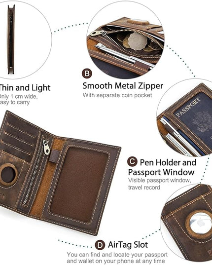 CONTACTS Full Grain Leather Airtag Passport Holder RFID Blocking Travel Passport Wallet Slim Passport Cover Case with 4 Card Slots, Coin Pocket with Badge