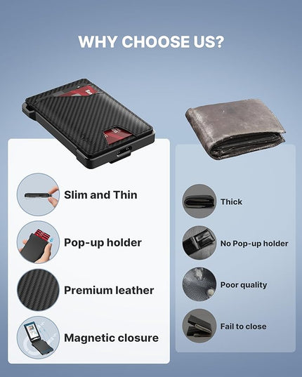 typecase Tactical Wallet for Men Card Holder: Pop Up Card Case, Genuine Leather, Smart, RFID Blocking, Slim, Minimalist, Thin, Front Pocket - 9-13 Card Capacitiy, ID Window, Money Clip (Carbon Fiber)