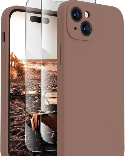 FireNova Designed for iPhone 15 Case, Silicone Upgraded [Camera Protection] Phone Case with [2 Screen Protectors], Soft Anti-Scratch Microfiber Lining Inside, 6.1 inch, Light Brown