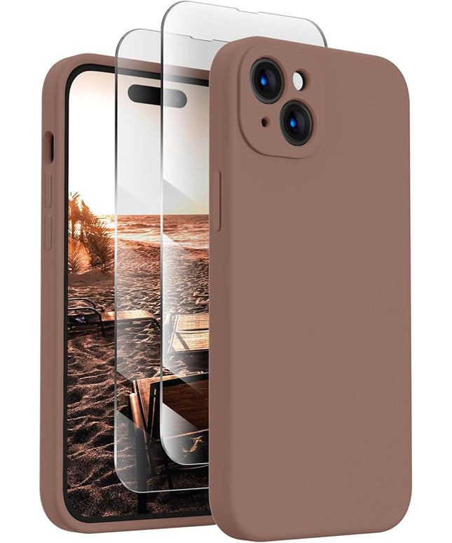 FireNova Designed for iPhone 15 Case, Silicone Upgraded [Camera Protection] Phone Case with [2 Screen Protectors], Soft Anti-Scratch Microfiber Lining Inside, 6.1 inch, Light Brown