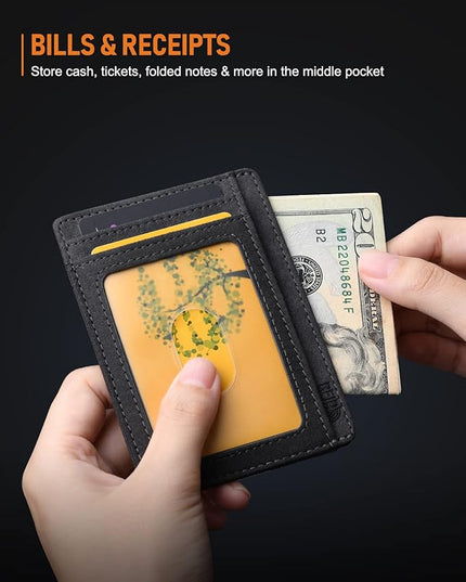 Buffway Slim Minimalist Front Pocket RFID Blocking Leather Wallets for Men and Women - At Sahara Carbon Black