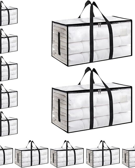 12 Pack-Extra Large Heavy Duty Moving Bags - Waterproof Storage Totes with Handles & Zippers, Foldable for College Dorm, Storage (Clear)