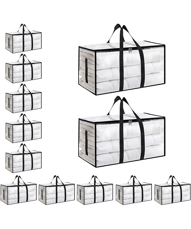 12 Pack-Extra Large Heavy Duty Moving Bags - Waterproof Storage Totes with Handles & Zippers, Foldable for College Dorm, Storage (Clear)