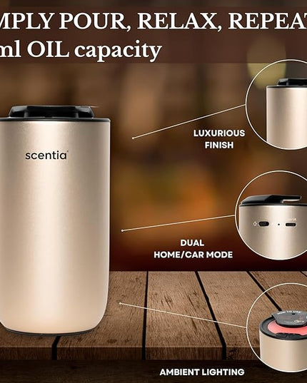 Scentia Gold MiniPod Nebulizer Diffuser + Smart Car Freshener – Waterless Essential Oils, Dual Mode Car/Home, Rechargeable Auto Shut-Off, 3 Lights – Ideal Teen Girl Holiday/Thanksgiving Gift