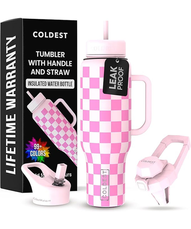 Coldest Tumbler with Handle and Straw - 100% Leak Proof Insulated Tumbler with Lid and Straw (3 Lids) - Stainless Steel Tumblers for Women & Men - Cup Holder Friendly Base, 46 oz (Pink Checkers)