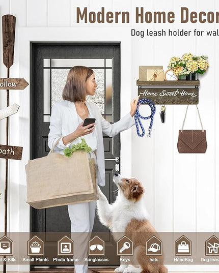 buways Wall-Mounted Key and Mail Holder, Wooden Key Rack with 4 Double Key Hooks, Rustic Home Decor for Entryway
