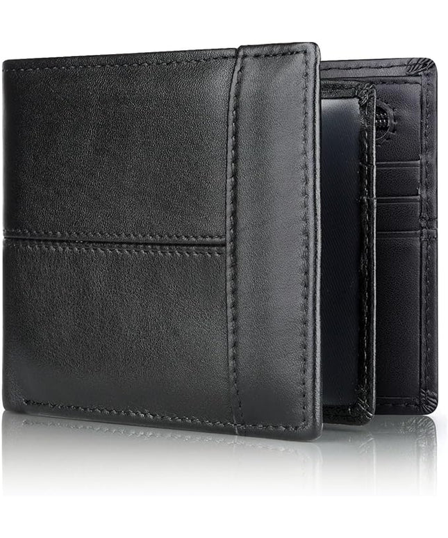 Swallowmall Leather Wallet for Mens Genuine Leather RFID Blocking Bifold Wallets with 1 ID Window 15 Card Slots