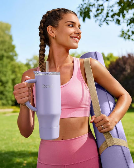 Renoj Tumbler with Handle 100% Leak Proof Insulated Water Bottle for Iced Coffee & Hot Drinks - Fits Car Cup Holder, Ideal Gift, 2 Straws & Silicone Boot BPA-Free - SnapShift Blue 40 oz