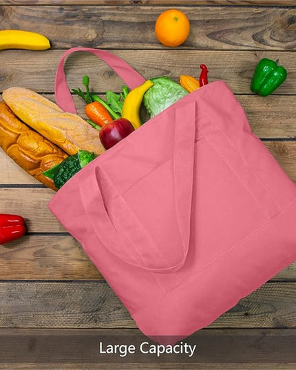 TOPDesign 6-Pack Canvas Tote Bags with an External Pocket, Reusable Grocery Shopping Bags, Top Zipper Closure, Daily Essentials (Rose Pink)