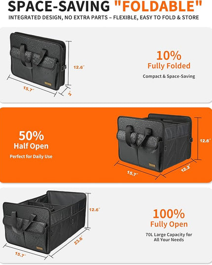 Sturdy Car Trunk Organizer – Large Capacity Trunk Organizer for SUVs & Sedans, Hard-Shell One-Piece Design with Cute Print, Collapsible and Durable Car Organizers (Black Leopard 70L)