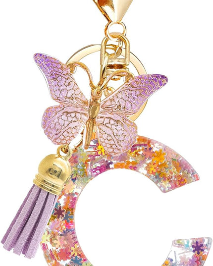 Fashion Alphabet Initial Letter Keychain Tassel Butterfly Pendant Key Ring for Purse Handbags Women Girl