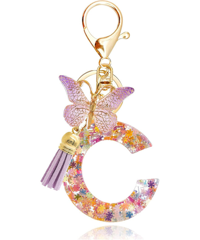 Fashion Alphabet Initial Letter Keychain Tassel Butterfly Pendant Key Ring for Purse Handbags Women Girl