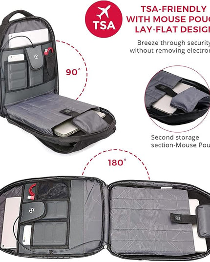 Swissdigital Design Large Travel Backpack For Men, TSA-Friendly Business Laptop Backpack, USB Charging Port，RFID Protection Tech Backpack Fits 15.6Inch Laptop Black/Grey | J16BTF-02