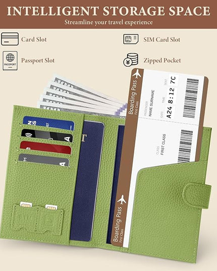 Genuine Leather Passport Holder for Women Men, Hidden Airtag Pocket, RFID Blocking, Zippered Coins Pocket & Cash Compartment Travel Gifts Essentials Passport Cover Case - Green