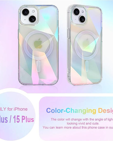 Cute Case for iPhone 15 Plus & 14 Plus Case for Women Girls [ Compatible with Magsafe ] Clear Glitter Girly Aesthetic Rainbow Sparkly Bling Magnetic Phone Cover, Iridescent Geometry