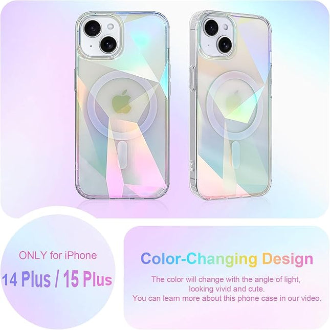 Cute Case for iPhone 15 Plus & 14 Plus Case for Women Girls [ Compatible with Magsafe ] Clear Glitter Girly Aesthetic Rainbow Sparkly Bling Magnetic Phone Cover, Iridescent Geometry