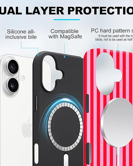 Magnetic for iPhone 17 Case Cute Stripes Phone Case, Shockproof Slim TPU and Hard PC Protective Phone Cover Compatible with MagSafe Designed for Women Girls, Pink and White