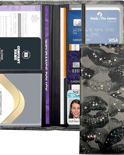 Car Registration and Insurance Holder with Magnetic Closure, Universal Document Organizer for License, Insurance Cards & Glove Box Storage (Lip print-Black)
