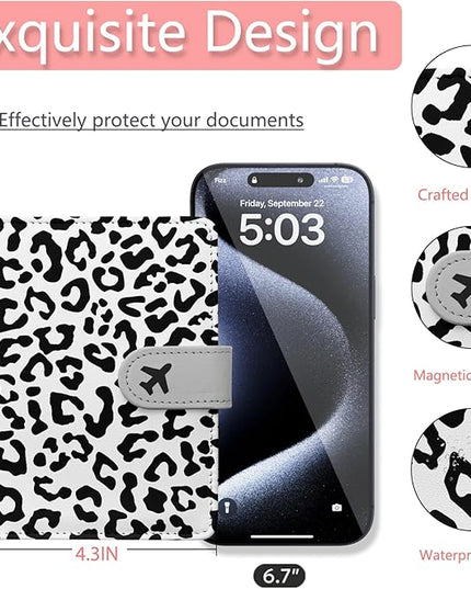 Passport Holder, Travel Wallet Cover with Pen Loop | Cute RFID Blocking Leather Case with Magnetic Closure for Travel Essentials-Leopard