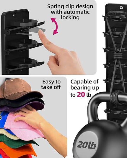 Flizubat Spring Clip Hat Organizer for Baseball Caps – 2 Pack, Wall Hat Rack for Door & Closet – Keeps 20 Hats Tidy in Garage, Dorm, Man Cave – Multi-Layer Cap Storage (Adhesive or Screws)
