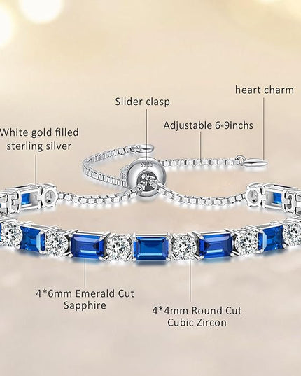 Birthstone Tennis Bracelets for Women White Gold Sterling Silver Gemstone Bracelets Adjustable Chain 6-9 Inchs Jewelry Anniversary Birthday Gifts for Women Mom Wife Her