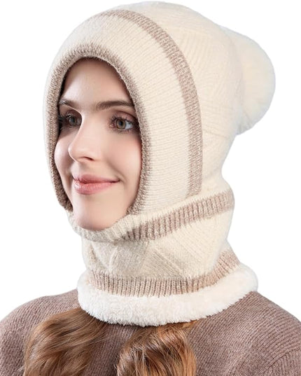 HUAMULAN Women Winter Beanie Hats One Piece Fleece Lined Knit Balaclavas Mask Set Skull Neck Circle Scarf Ski Snow Hat Pompom