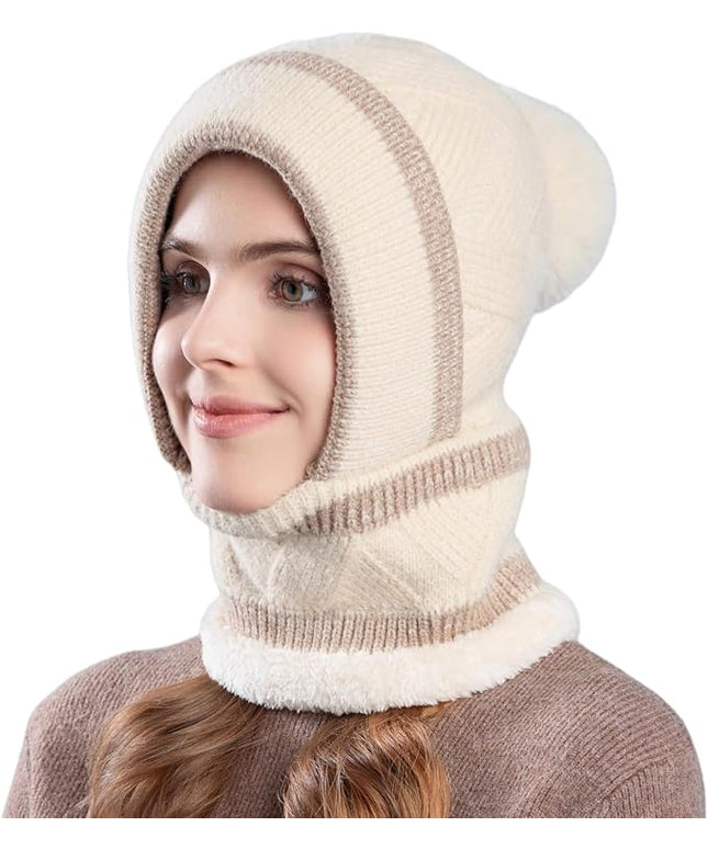 HUAMULAN Women Winter Beanie Hats One Piece Fleece Lined Knit Balaclavas Mask Set Skull Neck Circle Scarf Ski Snow Hat Pompom