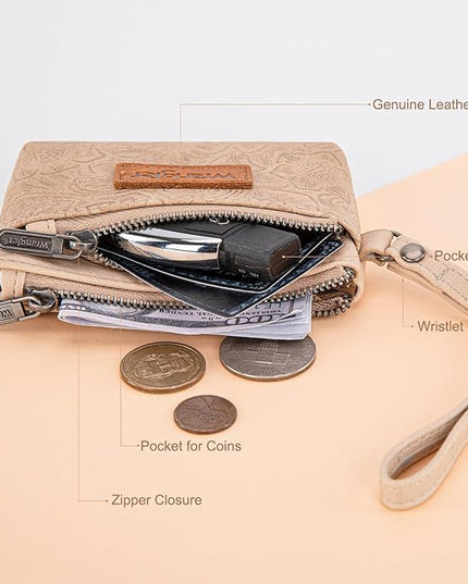 Montana West Wrangler Coin Purse for Women RFID-blocking Floral Embossed Change Pouch Wristlet Wallet Lightweight Portable Wallets Tan