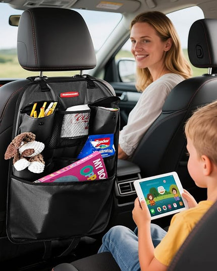 Rubbermaid Backseat Car Organizer, Kick Mats and Seat Back Protector, Car Organizer for Kids with 6 Storage Pockets, Travel Essentials for SUV, Truck, Car - 2 packs Black