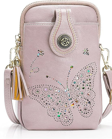 Small Crossbody Bags for Women, Lightweight Mini Cute Cell Phone Purse for Women with Tassel Shining Butterfly