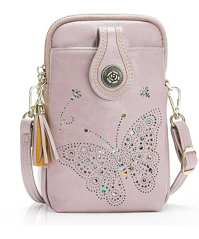 Small Crossbody Bags for Women, Lightweight Mini Cute Cell Phone Purse for Women with Tassel Shining Butterfly