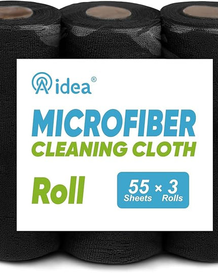 AIDEA Microfiber Cleaning Cloth 165 Sheets 3 Roll, Black Microfiber Towels for Cars, Shop Rags Washable, Cleaning Rags Reusable Paper Towels for Automotive, Mechanic, Workshops, House, 11×9"