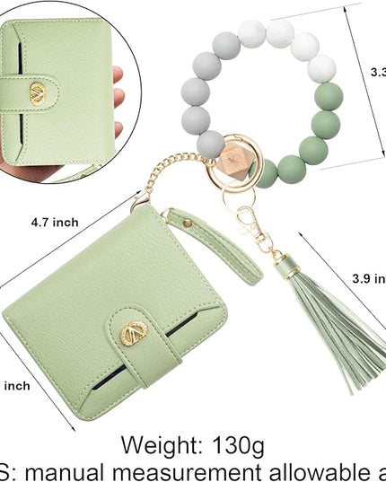 Multi-Purpose Wallet High Capacity Card Holder Zipper Coin Purse with Wristlet Bracelet Keychain Silicone Beaded Bangle Key Ring