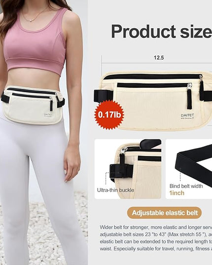 RFID Blocking Money Belt for Men Women, Slim Fanny Pack for Travel，Running,Conceal Waist Wallet for Passport Holder,Phone,Cash(Cream White)