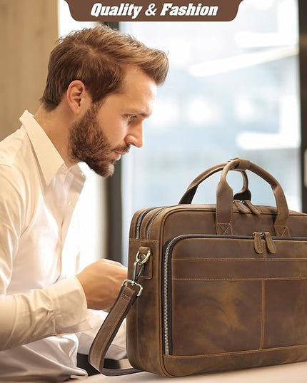 Jack&Chris Full Grain Leather Briefcase for Men, Business Messenger Bag Laptop Bag Attache Case, Fits 15.6 Inch Laptop