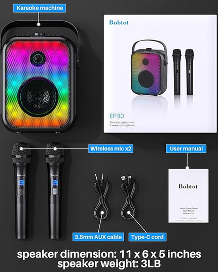 Karaoke Machine for Adults with 2 Wireless Microphones,Stereo Pairing Portable Bluetooth Speaker with Bass Adjustment,LED,Support FM/USB/AUX