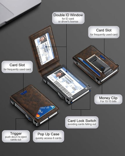 Wallet for Men RFID Wallet with 2 ID Windows & Money Clip, Slim Pop Up Card Holder for 10-12 Cards, Bifold Minimalist Smart Wallet for Front Pocket, Compact Metal Credit Card Holder, Gifts for Men