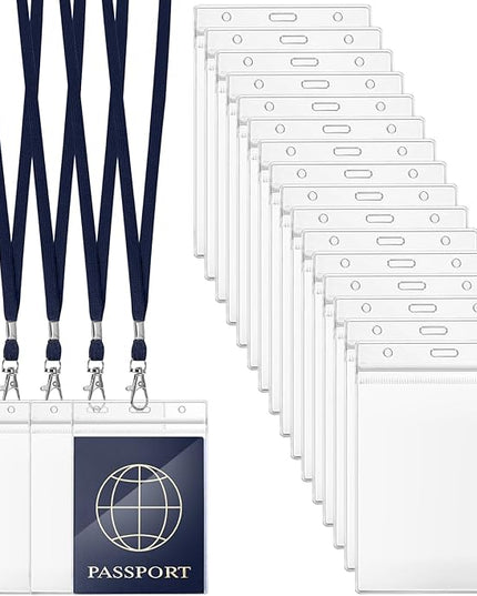Patelai 50 Pcs 4 x 5.5 Inch Clear Passport Holders with Lanyard Extra Large PVC Card Holder Waterproof Name Badge Holder for Cruise Vacation Credit Card Plane Ticket Receipt (Navy Blue)