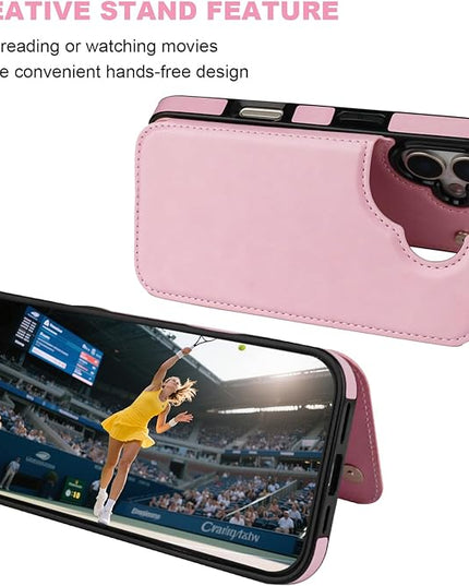 ONETOP Compatible with iPhone 17 Wallet Case with Card Holder, PU Leather Kickstand Card Slots Case, Double Magnetic Clasp and Durable Shockproof Cover 6.1 Inch (Pink)